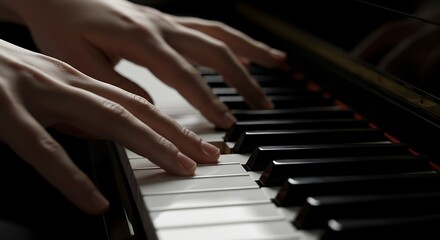 Fototapeta premium Close-up of a person's hands gracefully playing a piano, with the focus on the fingers pressing the keys.