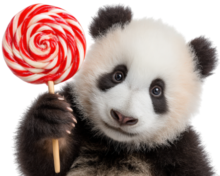Panda holding large red and white lollipop, cute animal with sweet treat, isolated on transparency background, playful expression, adorable wildlife concept