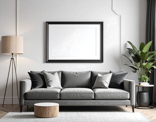 Living room interior with gray sofa blank picture frame floor lamp and potted plant on a side table