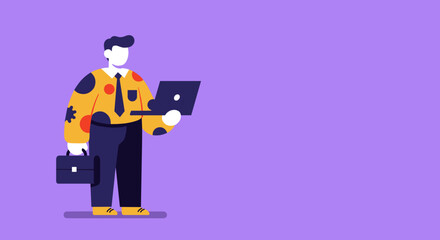 A professional illustration of a businessman with a laptop and briefcase on a purple background. Represents modern work, productivity, and digital connectivity for business and lifestyle concepts.