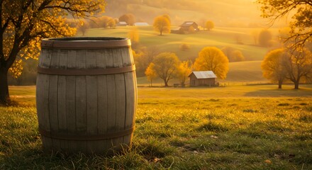 ​Golden Autumn Glow: Rustic Wooden Barrel in a Sunlit Field, tranquil scene, golden light, fall foliage, beautiful landscape, peaceful moment
