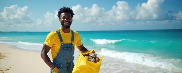 Man cleans tropical beach, collecting trash in yellow bag. Volunteers help Earth Day cleanup. Turquoise ocean waves and blue sky background. Coastal conservation effort.