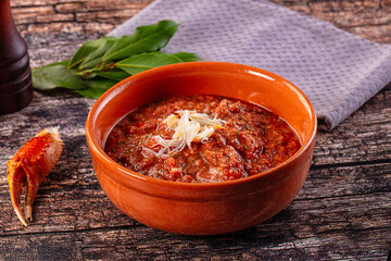 Tomato gazpacho soup with crab