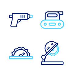 Set line Table saw for woodwork, Electric circular, planer tool and cordless screwdriver icon. Vector