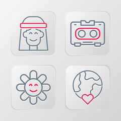 Set line The heart world - love, Flower, Retro audio cassette tape and Hippie girl icon. Vector