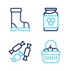 Set line Basket and food, Candy, Jar of honey and Waterproof rubber boot icon. Vector