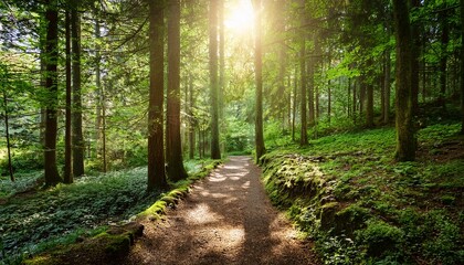 Fototapeta premium ethereal sunlight filtering through lush green forest pathway