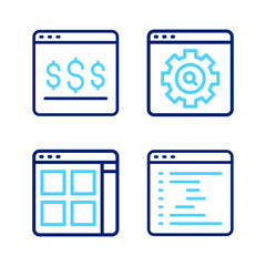 Set line Browser window, files, setting and Online shopping on screen icon. Vector