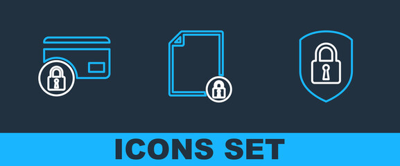 Set line Shield security with lock, Credit card and Document and icon. Vector