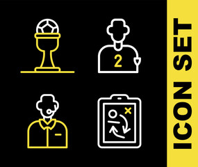Set line Football or soccer player, Planning strategy concept, commentator and Award cup and football icon. Vector