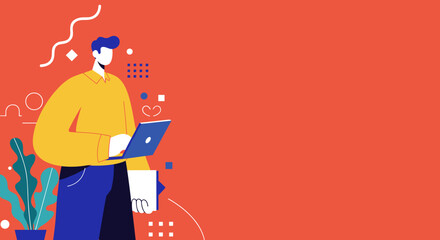 Professional man working on laptop with vibrant abstract background, representing remote work, freelance, or digital creativity.