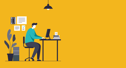 Man diligently working at his desk on a computer in a home office setting. Ideal for themes of business, productivity, remote work, and online learning.