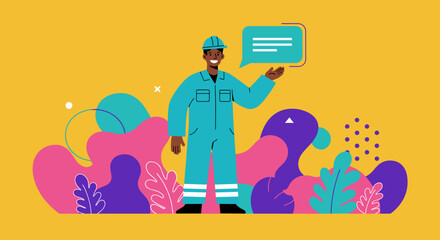 Smiling Black worker in hard hat and jumpsuit, gesturing with a speech bubble against a vibrant abstract background. Represents communication, safety, and industry.