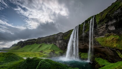 majestic waterfall flowing down rocky cliff with lush greenery underneath a cloudy sky peaceful scenery with powerful water motion