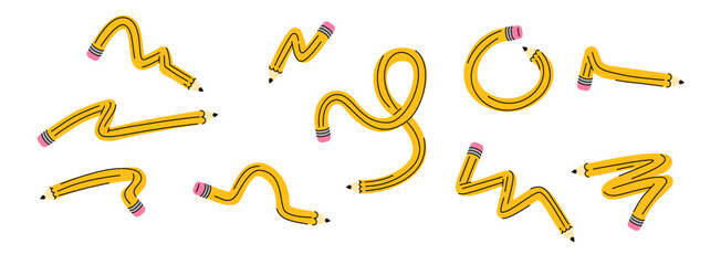 Vector illustration set of cute simple graphite twisted pencils. Abstract tangled writing pens in cartoon style. Simple flat icons for school and children.