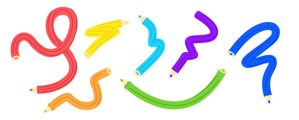 Fototapeta premium Vector illustration set of cute twisted pencils in rainbow colours. Abstract tangled writing pens in cartoon style. Simple flat icons for school and children.
