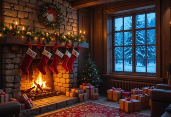 Cozy Christmas living room with fireplace, stockings, and gifts in winter cabin.