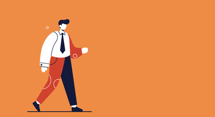 Stylized businessman walks forward, his attire split to represent career choices, work-life balance, or professional duality. Ideal for business concepts.