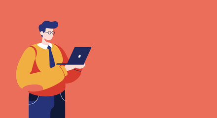 Professional man in glasses focused on his laptop, ideal for illustrating business, technology, education, and remote work concepts. Ample copy space.