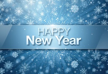 Happy New Year greeting banner with snowflakes on festive blue background.