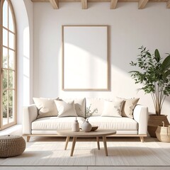 Mediterranean villa living room interior with vertical frame mockup above beige sofa and wooden coffee table