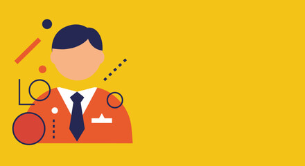 Vibrant flat design illustration of a professional in a suit, ideal for business concepts, user profiles, or corporate branding on a yellow background.
