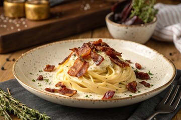 Fototapeta premium Creamy pasta dish topped with crispy bacon, served on a rustic wooden table with herbs