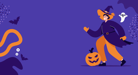 Cheerful witch, ghost, and jack-o'-lantern celebrate Halloween on a vibrant purple background. Ideal for seasonal promotions, party invitations, and holiday marketing.