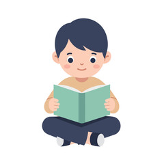 Flat Illustration of a Boy Reading an Open Book While Sitting