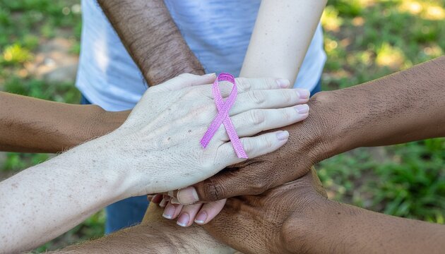 Close up of diverse hands coming together in support, a pink ribbon symbolizing breast cancer awareness