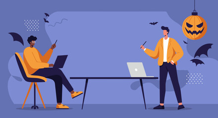 Business colleagues collaborate in a festive Halloween-themed office. Ideal for seasonal virtual events, creative teamwork, or remote work concepts.