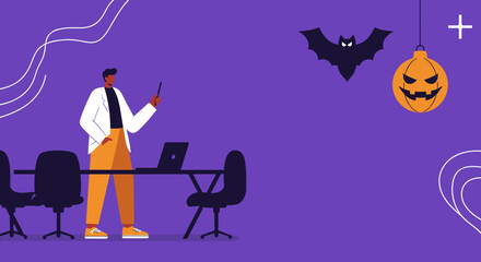 Professional man giving a business presentation in a festive office setting with Halloween decorations. Ideal for corporate holiday events and seasonal team meetings.