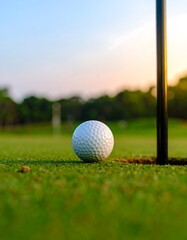 Obraz premium Golf ball near hole at sunset