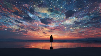 Fototapeta premium Silhouette of a Person Under a Vibrant Starry Sky at Sunset