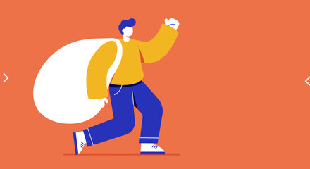 Vibrant illustration of a person carrying a large sack, walking with purpose. Represents concepts of delivery, achievement, travel, or effort, on an orange background.