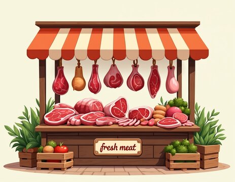 Cartoon butcher shop features fresh meat display with pork, beef, lamb, sausages. Sign reads Fresh Meat, vegetables like broccoli, tomatoes displayed. Cheerful illustration evokes welcoming market