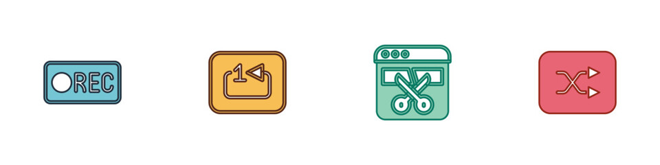 Set Record button, Repeat track music player, Video recorder editor and Arrow shuffle icon. Vector