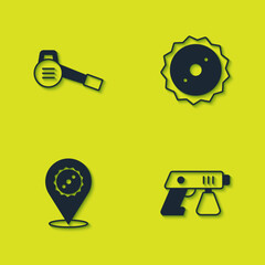 Set Leaf garden blower, Paint spray gun, Circular saw blade and icon. Vector