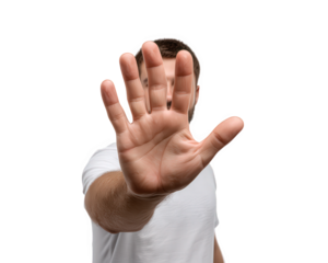 Hand stop gesture man in white shirt palm facing camera isolated on transparent background warning expression close up adult male assertive communication no entry