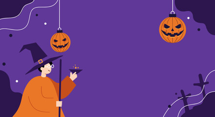 Whimsical witch or wizard preparing for Halloween with a glowing potion, staff, and festive Jack-o'-lanterns on a vibrant purple background. Ideal for holiday content.