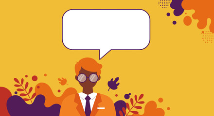Professional person with glasses and an orange suit, featuring a blank speech bubble for text. Ideal for business, education, or communication concepts.