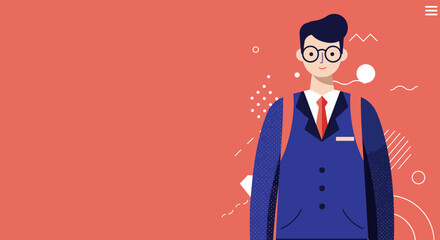 A friendly, smiling student or young professional character in glasses, suit, and backpack, ready for learning or business. Ideal for education, tech, or corporate themes.