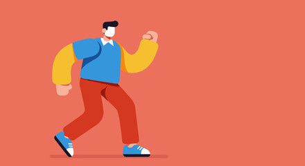 Stylized illustration of a man walking or running with determination on a vibrant coral background. Ideal for concepts of progress, activity, and casual modern lifestyle.