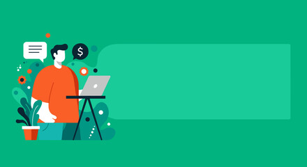A vibrant illustration of a person working on a laptop, surrounded by icons for communication and finance. Ideal for business, remote work, or online earning concepts.