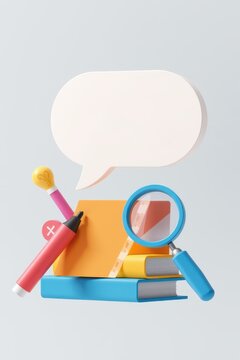Conceptual Illustration with Magnifying Glass Books Apple and Paintbrush