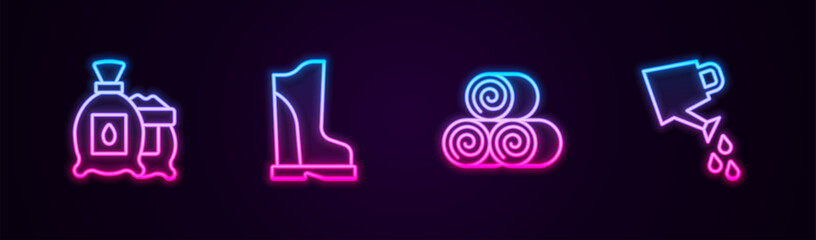 Set line Pack full of seeds of plant, Waterproof rubber boot, Roll hay and Watering can. Glowing neon icon. Vector