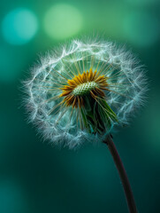 Fototapeta premium Close-up of dandelion seed head in nature macro photography green background soft focus botanical beauty