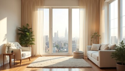 Fototapeta premium Elegant living room with plush furniture, sheer curtains, natural light creating bright, serene atmosphere. Wooden floors complement neutral tones, with potted plants adding touch of freshness. Enjoy