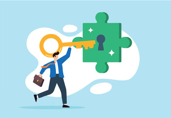 Flat illustration of businessman inserting key into jigsaw puzzle keyhole representing unlock potential solution for customer problems