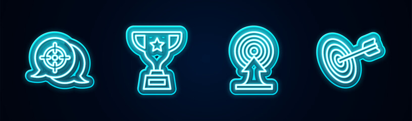 Set line Target, Award cup, with arrow and . Glowing neon icon. Vector